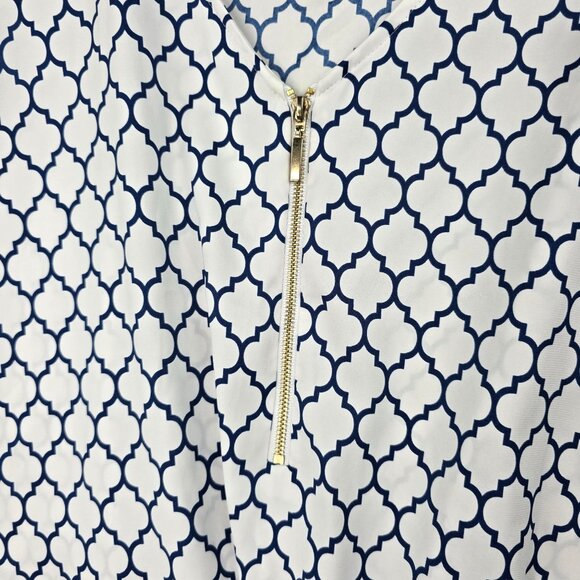 Express Womens Blue White Patterned Zipper Front Cap Sleeve Blouse Size M - Picture 3 of 7